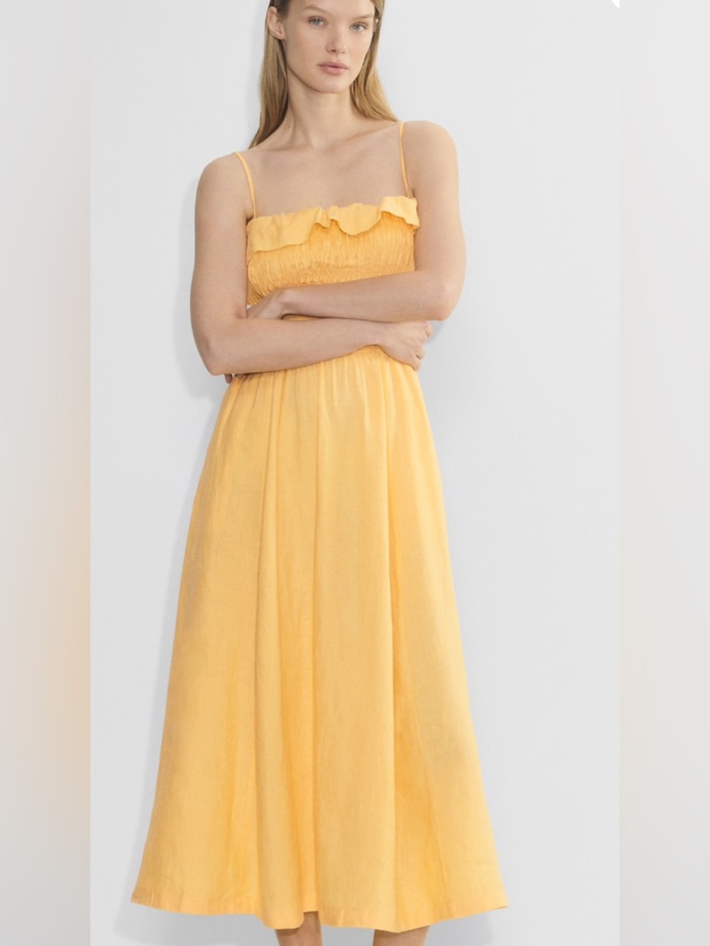 Aritzia Wilfred Portea Linen Dress XS Tangerine Yellow Maxi Summer